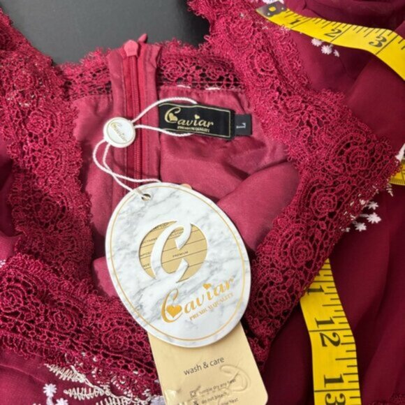 Cariar Vintage Women's Large Burgundy Floral Dress Embroidered Lace Puff Sleeve - Picture 15 of 16